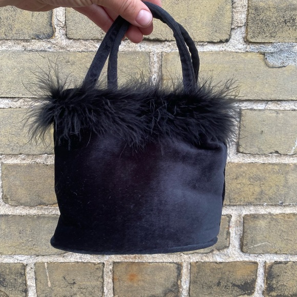 Velour and Marabou Fur Black Cocktail Purse, Vintage y2k - Picture 3 of 7
